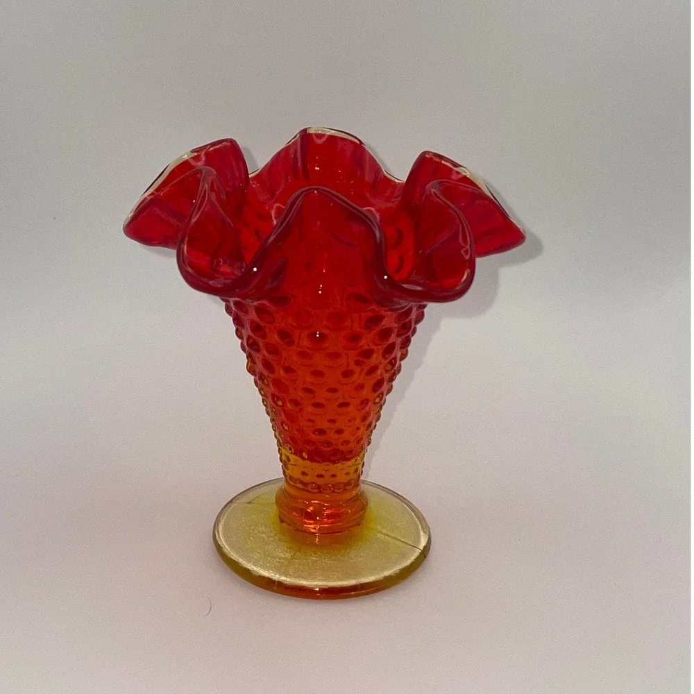 VTG Fenton Amberina Hobnail Glass Vase Red Orange Yellow Ruffled Edge Footed 4